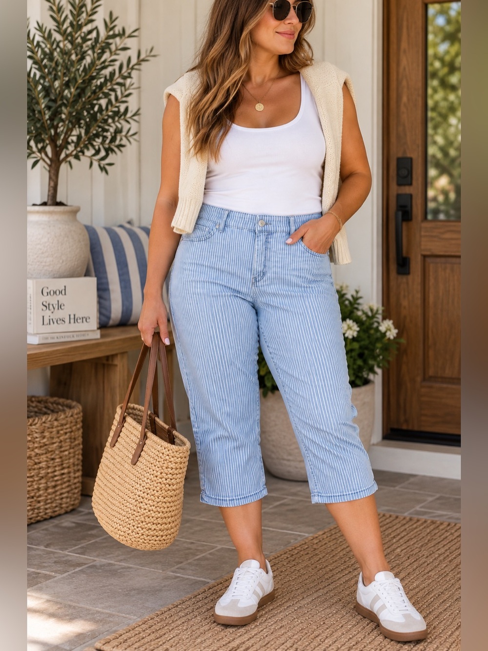 Gloria Vanderbilt Size 14 Pinstripe Capri Pants Coastal Preppy Cotton Stretch